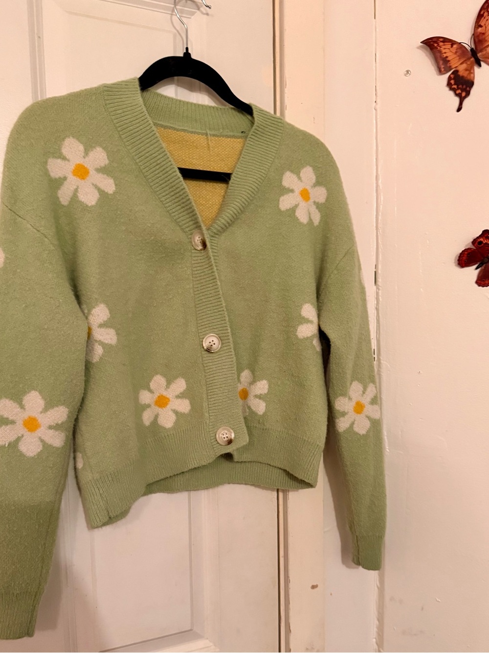 Daisy-Print V-Neck Cardigan Sweater - Light Green